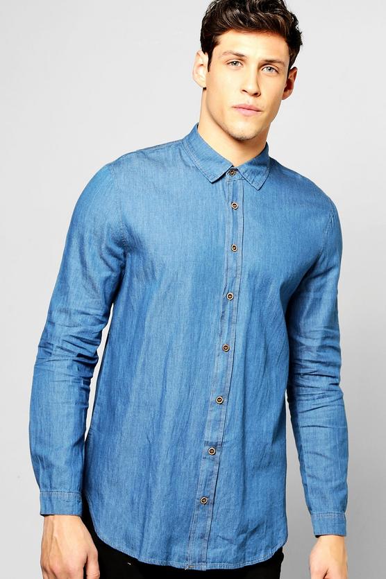 Longline Denim Shirt With Curved Hem